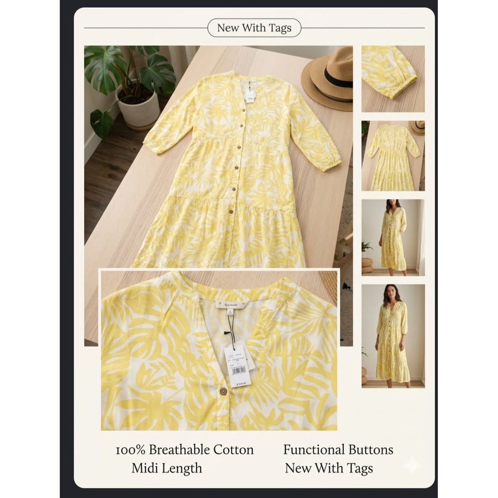 Salty Lemon Cyber Lime Leaf Cotton Midi Dress Yellow Tropical Palm LMD8440 NWT